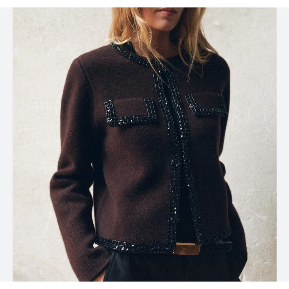 Nwt- Zara 100% WOOL BEADED KNIT CARDIGAN-Large
